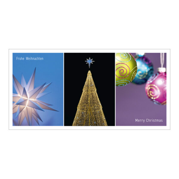 Alpina_1577_PK3 Weihnachtskarte Stern, Weihnachtsbaum und Kugeln im Lichterglanz