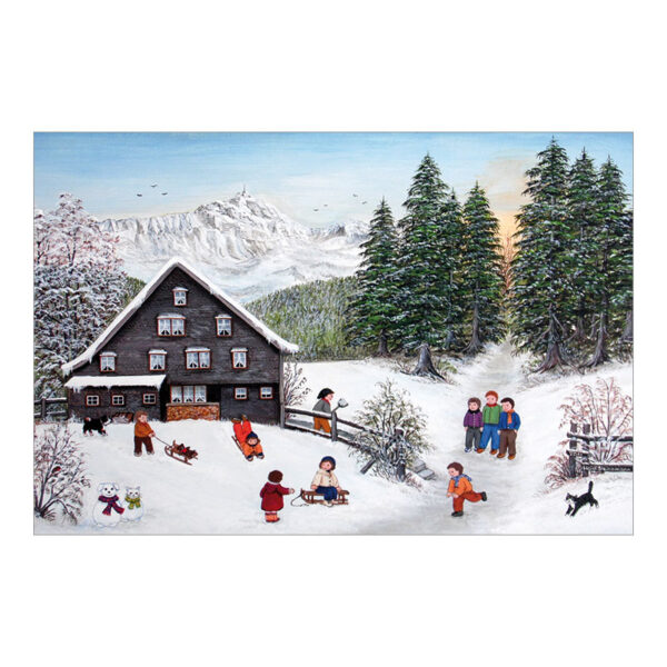 CH_10419_98-4525_PK3 Weihnachtskarte Kinder beim Schlitteln vor Bauernhaus