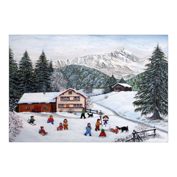 CH_10519_98-4526_PK3 Weihnachtskarte Kinder beim Schlitteln und Schneemann bauen