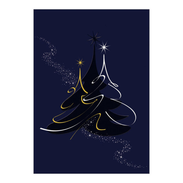 CH-3320_970-7891_dunkelblau_PK4 Weihnachtskarte mit 2 Tannenbäumen und Schneeschweif
