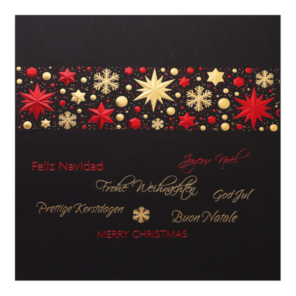 CH-3620_98-4678_PK4 Weihnachtskarte mit Sternen und Schneekristallen in gold und rot