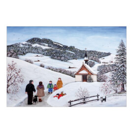 CH_9120 Weihnachtskarte mit Kirche und Dorfbewohner in Schneelandschaft