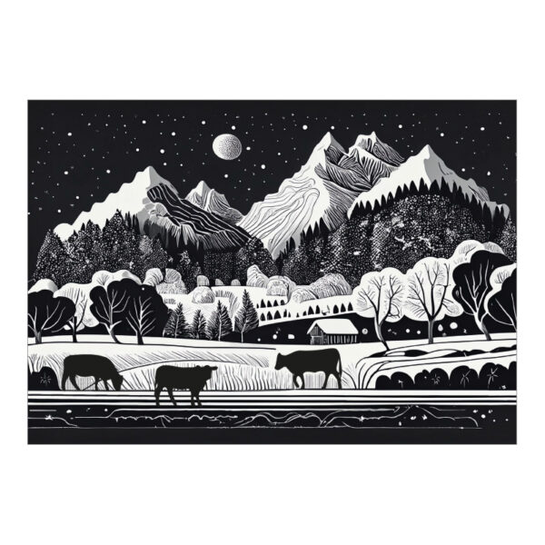 CH-11624 Winterlandschaft bei Nacht mit Kühen im Schnee und Sternenhimmel Schwarz Weiss