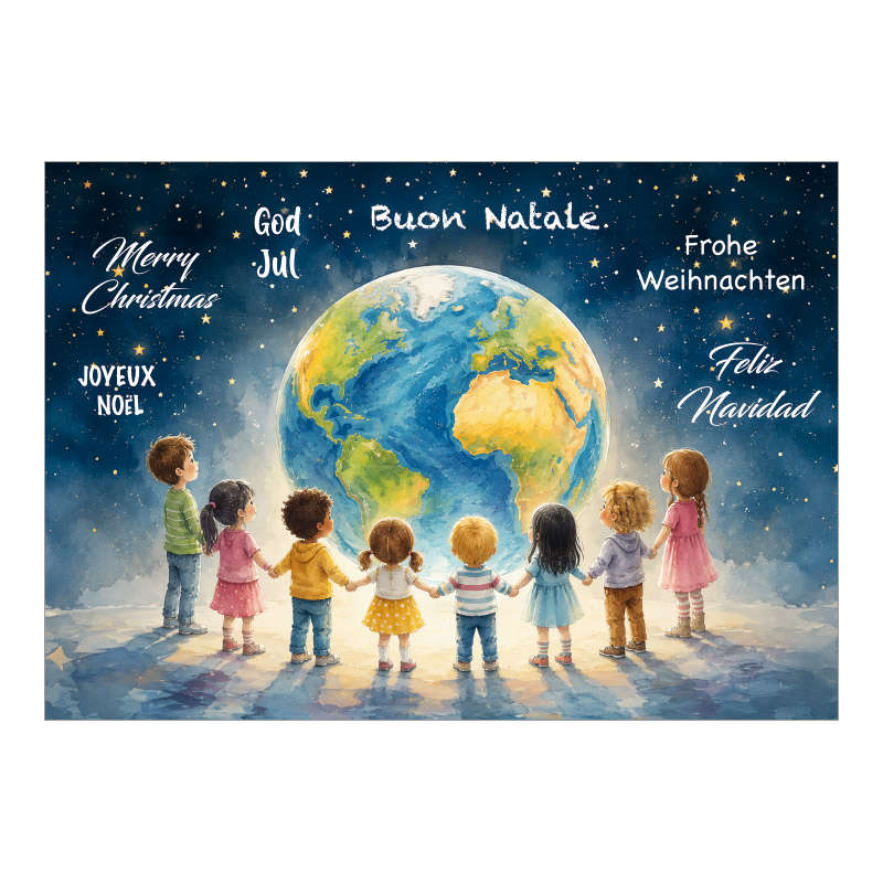 CH-10526_970-8795 Weihnachtskarte Kunst «Acht Kinder vor Weltkugel»