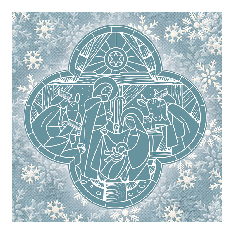 CH-12926 Weihnachtskarte Sakral «Krippe mit Jesuskind, Maria und Josef sowie die Drei Könige in Violett mit Eiskristallen» Kartenbeschrieb: