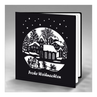 CH-13426 Weihnachtskarte Scherenschnitt «Winterdorf mit Schnee- und Weihnachtsmann» 3D Ansicht