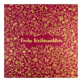 CH-13826 Organic Paper Cards Weihnachtskarten Fair Trade Projekt «Nepal» «Weihnachtssymbole und Text Frohe Weihnachten in gold auf rotem Hintergrund»