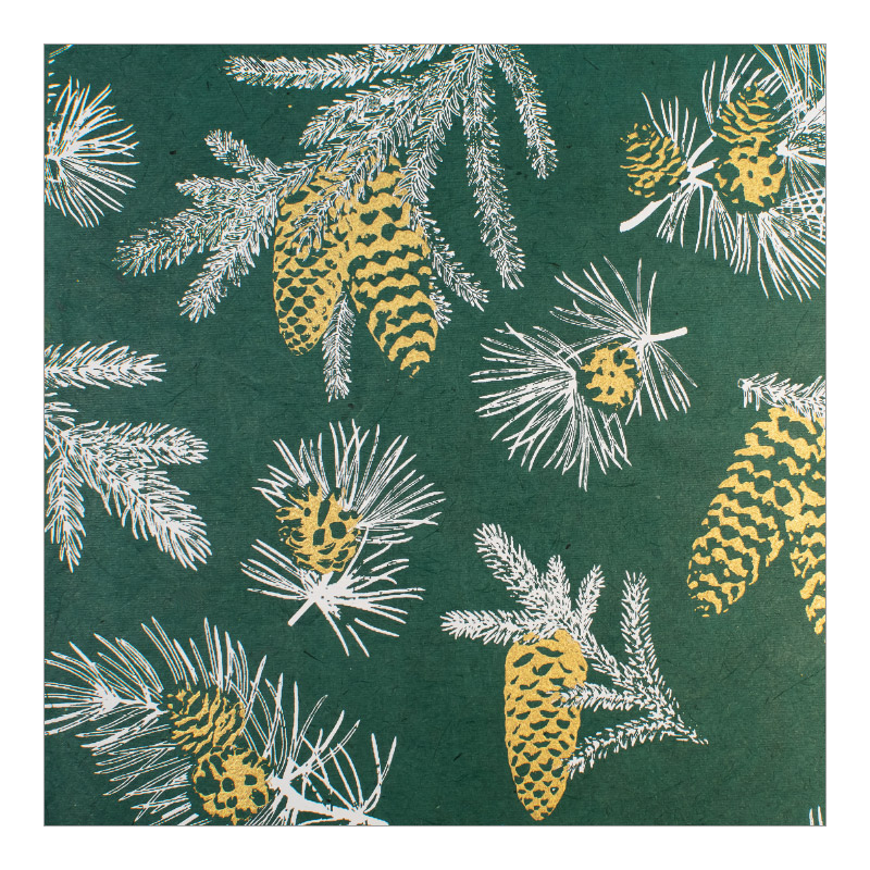 CH-14126 Organic Paper Cards Weihnachtskarten Fair Trade Projekt «Nepal» «Weisse Äste und goldene Tannenzapfen auf grünem Hintergrund»