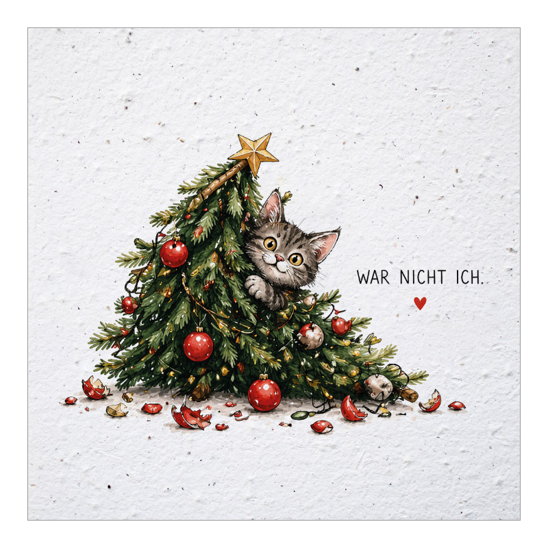 CH-3126 Nachhaltige Weihnachtskarte «Lustige Katze mit Weihnachtsbaum»