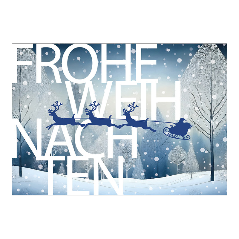 CH-5026 Weihnachtskarte Design «Winterwald mit Rentierschlitten und Weihnachtsmann»