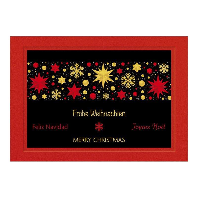 CH-6726_970-8774_Aufgezogen Weihnachtskarte Exklusiv «Bunte Weihnachtssterne mit Schneeflocken»