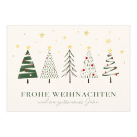 CH-7926_970-8767 Weihnachtskarte Exklusiv «Farbiger Winterwald mit Goldsternen»