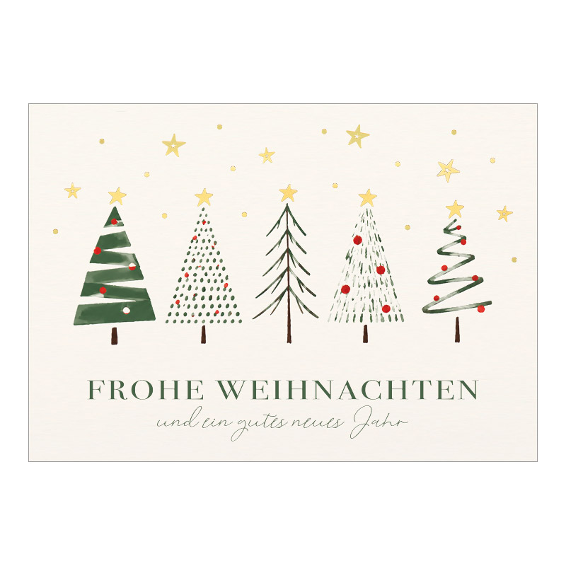 CH-7926_970-8767 Weihnachtskarte Exklusiv «Farbiger Winterwald mit Goldsternen»