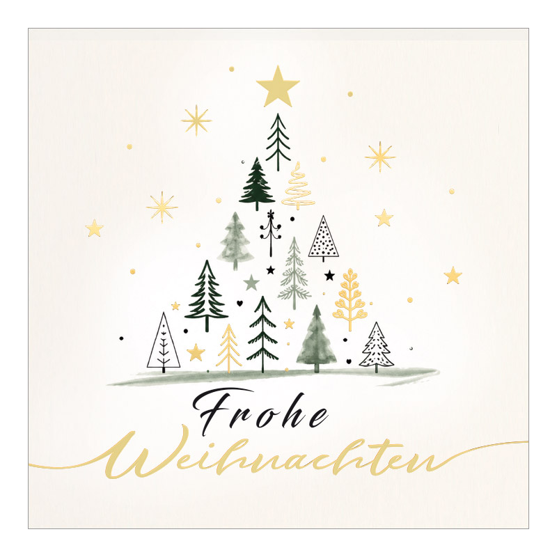 CH-8326_970-8752 Weihnachtskarte Exklusiv «Farbige Weihnachtsbäume mit Goldsternen»