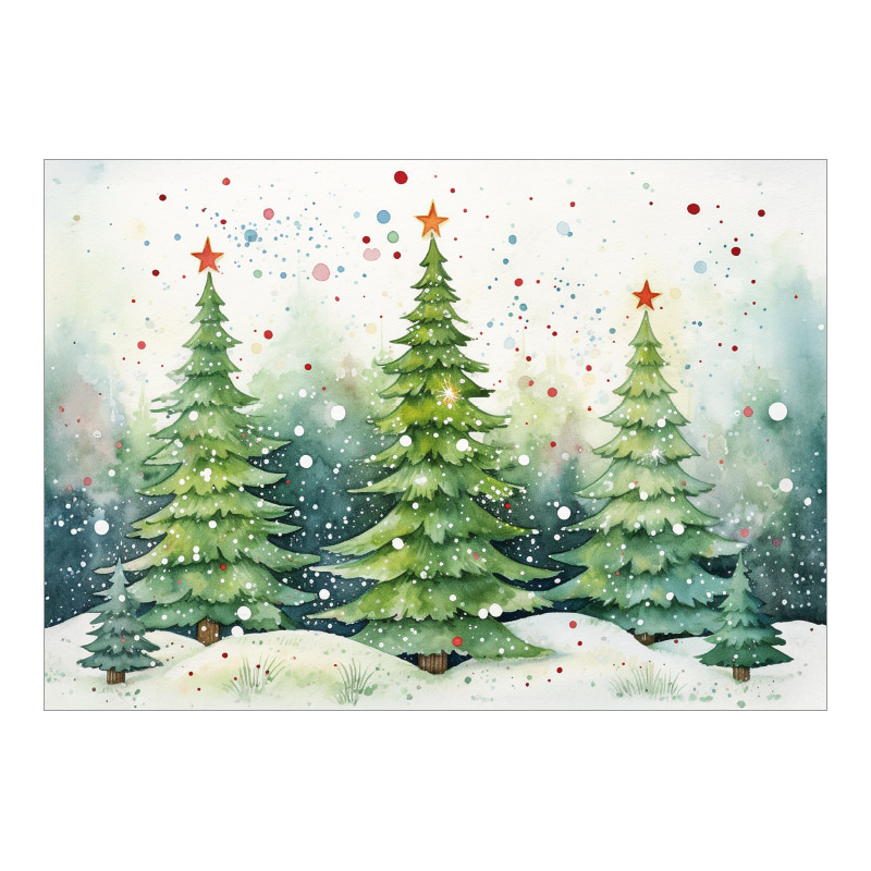 CH-9226_970-8786 Weihnachtskarte Exklusiv «Grüner Winterwald mit bunten Sternen und Schneeflocken»